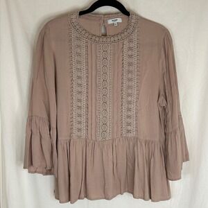 Kensie Jeans‎ Womens L Lace Detail Top Blouse Bell Sleeve Taupe